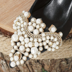 Faux Pearl Kitten Heels Pointed Toe Slingback Shoes