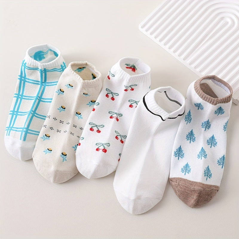 5 Pairs Floral Pattern Socks & Ankle Socks Women's Stockings