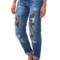 Ripped Leopard Patchwork High Waisted Skinny Jeans