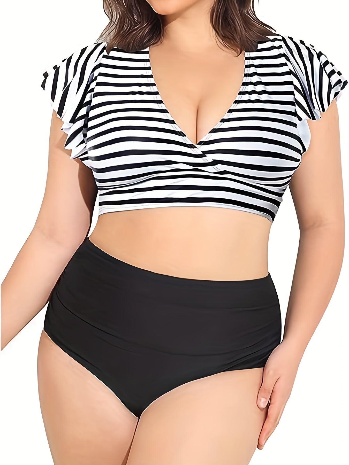 Vacay Tankini Set Solid Warp V Neck Cap Sleeve Crop Top