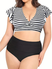 Vacay Tankini Set Solid Warp V Neck Cap Sleeve Crop Top