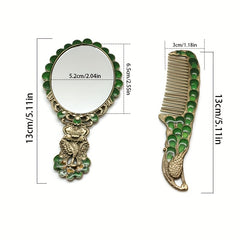 Vintage Peacock Vanity Makeup Mirror and Comb Set