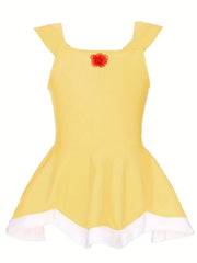Girls 2pcs Swimsuit One Piece Tankini & Sequin Hairband Ruffle Dress