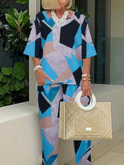 Colorblock Geometric Print Tee & Pants Set