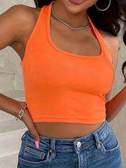 Solid Halter Ribbed Cami Top Backless Slim Fit Crop Top