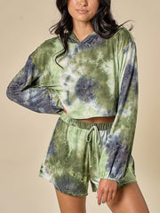 Women's Plus Tie Dye Hooded Crop Sweatshirt & Shorts Set