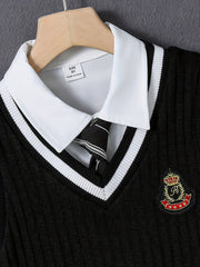 2pcs Boys Uniform Knitted Sleeveless Sweater Vest & Long Sleeve Tie Shirt Set
