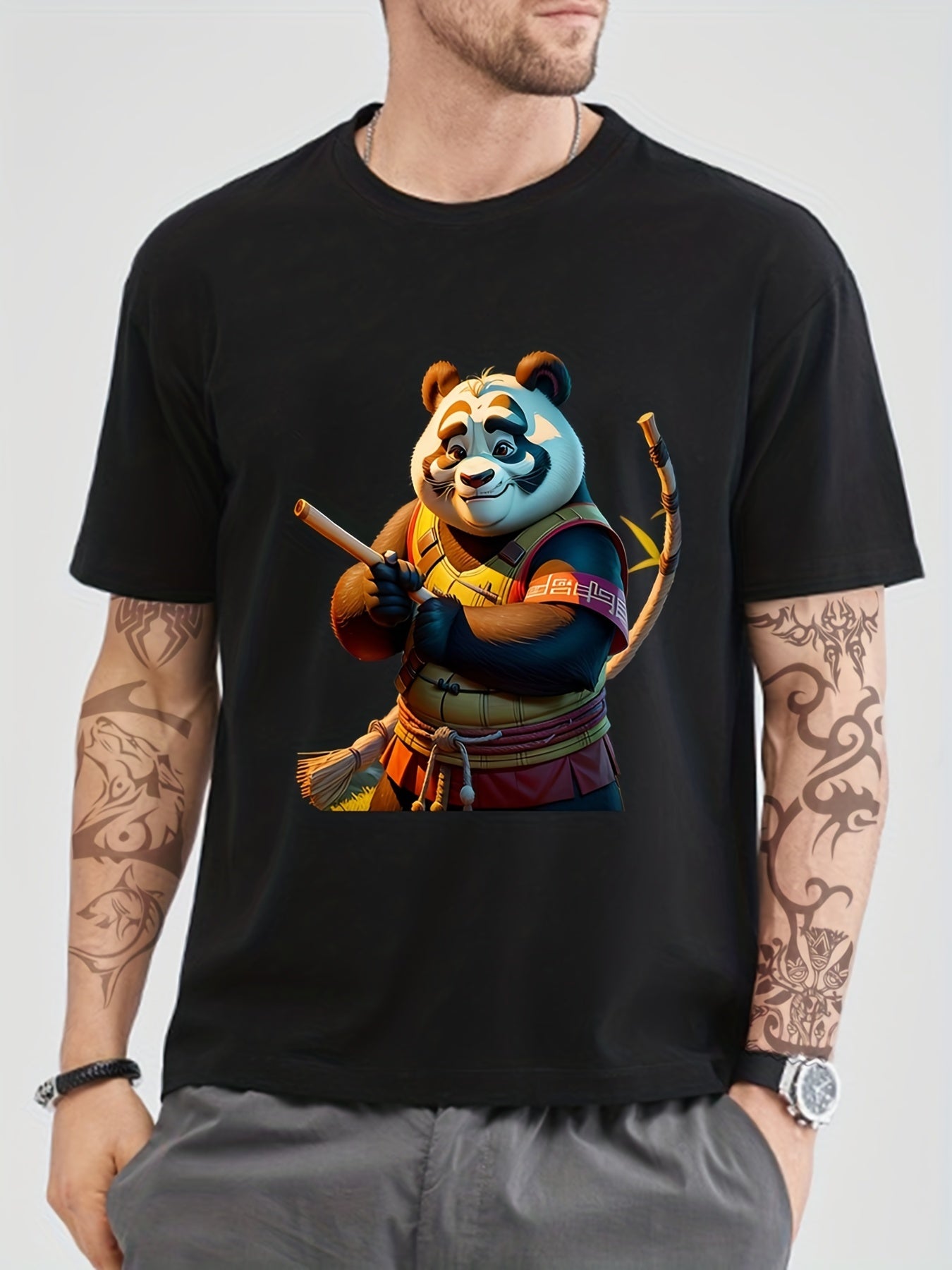 Cotton Anime Panda Print Men's Graphic Crew Neck T-shirt