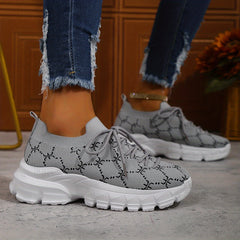 Women's Geometric Pattern Lace Up Sneakers Breathable Knit Chunky Shoes