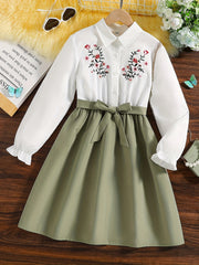 Girls Flowers Embroidered Collared Dress