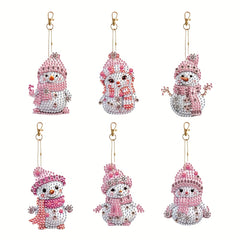 6pcs DIY Christmas Diamond Painting Keychain Pink Snowman Art Mosaic