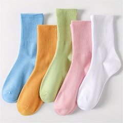 5 Pairs Crew Socks for Women - Casual & Comfy Mid Tube Stockings