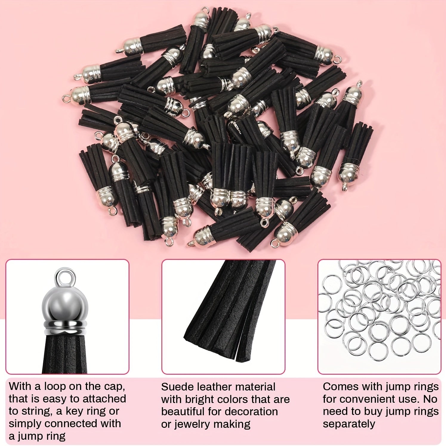 50pcs Leather Tassel Keychain Charms with Jump Rings for DIY Jewelry Making