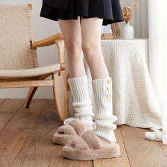 Solid Knitted Leg Warmers with Buttons Decor Knee High Socks Women's Stockings