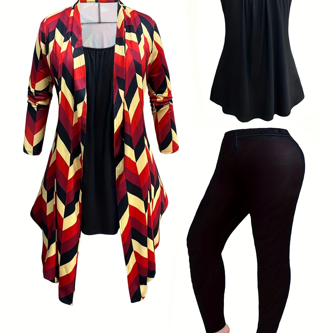 Women's Plus Geometric Print Cardigan & Cami Top & Pants Set