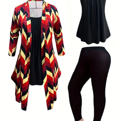 Women's Plus Geometric Print Cardigan & Cami Top & Pants Set