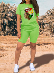 Girl & Letter Print Matching Two piece Set Short Sleeve T shirt & Biker Shorts