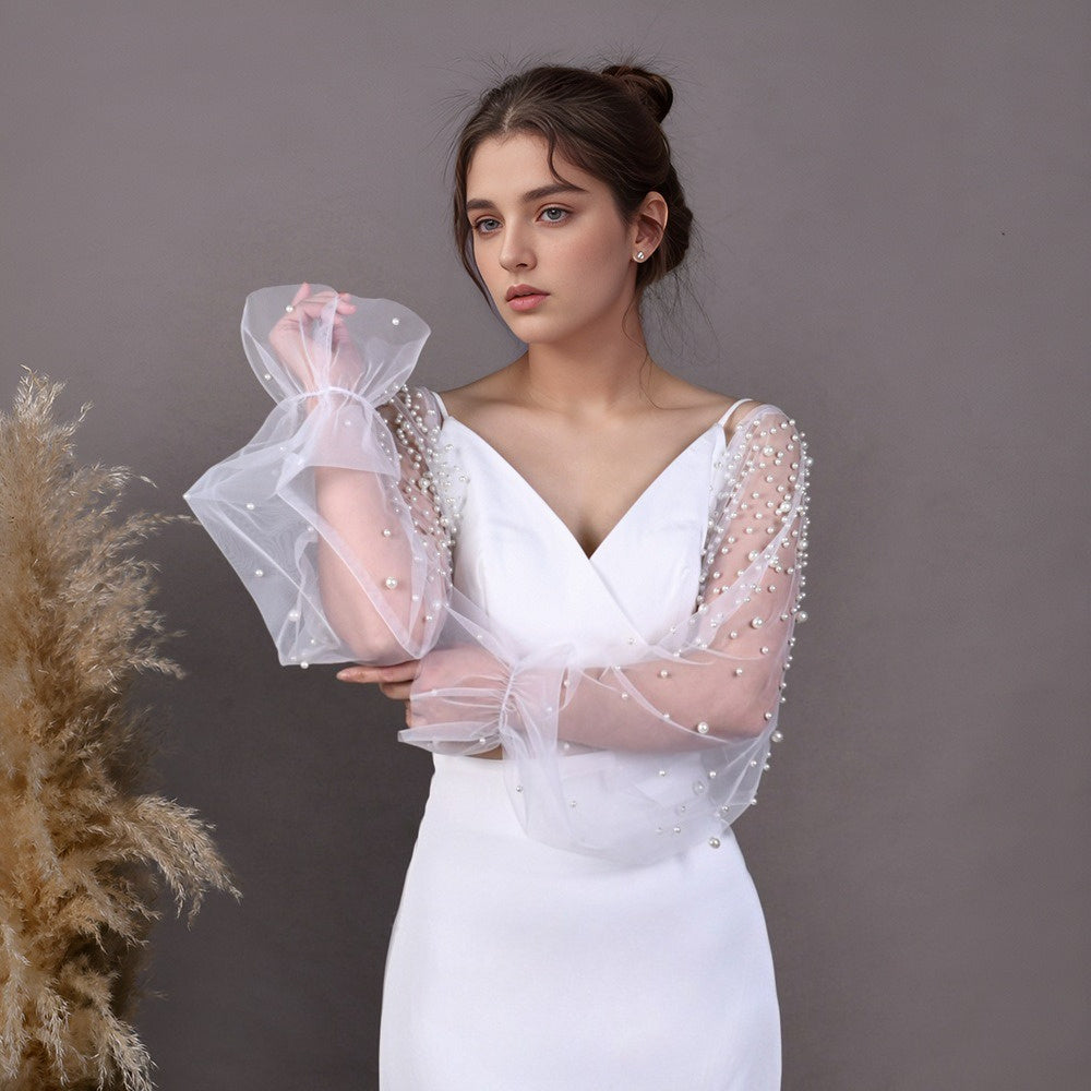 2pcs Embellished Mesh Sleeves Sheer Bridal Accessories