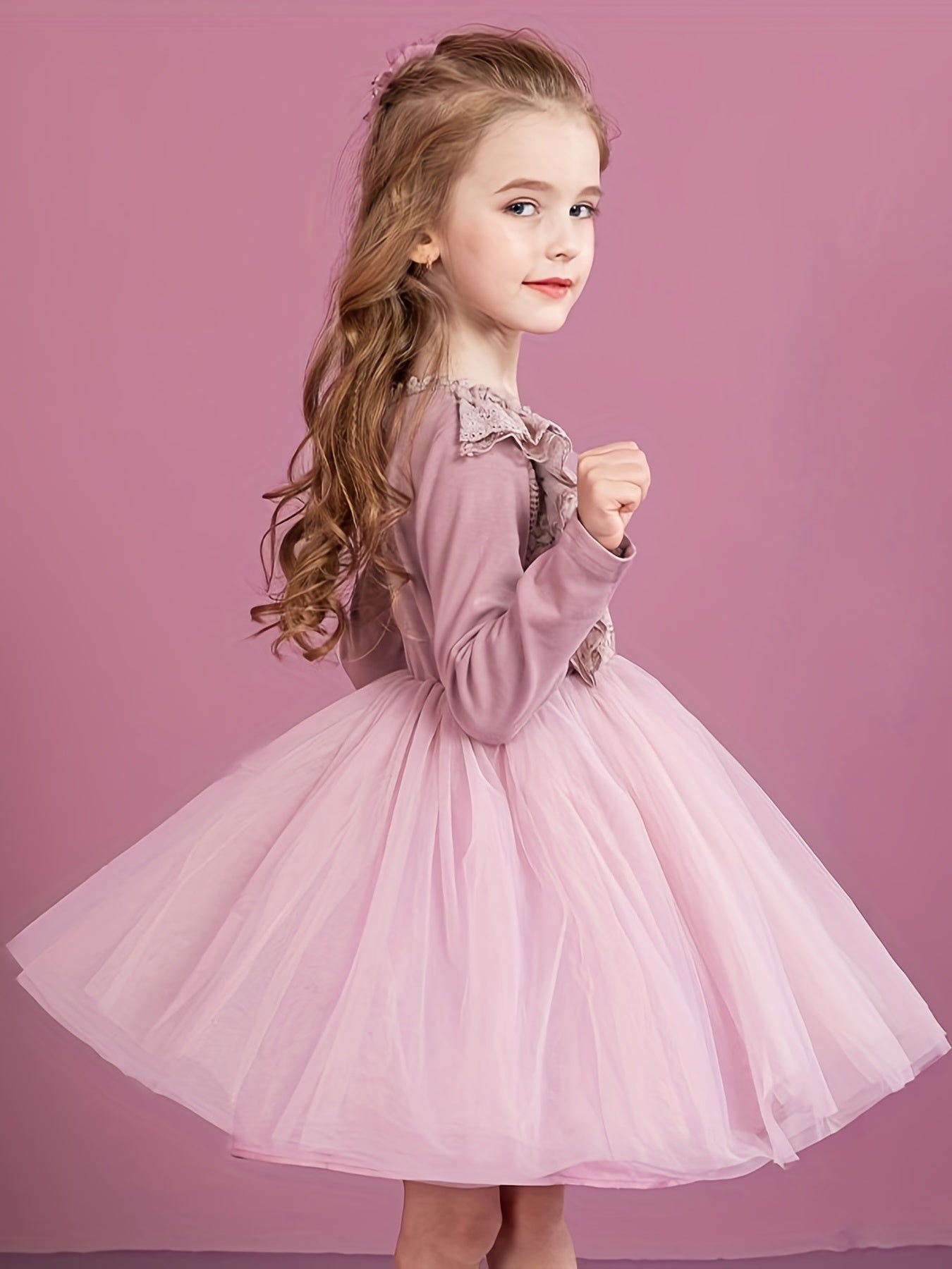 Girls' Butterfly Lace Tutu Dress Long Sleeve Birthday Princess Dress