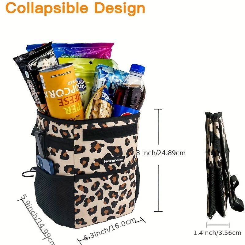 Leopard Print Car Seat Garbage Bin Foldable Trash Storage Pocket