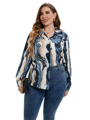 Marble Print Plus Size Shirt Women's Turn Down Collar Long Sleeve Blouse
