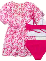Sweet Heart Graphic Cover Up Splicing Cami Top Briefs Set