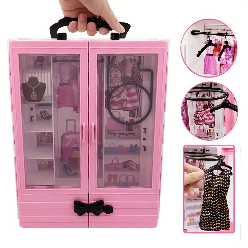 Pink Doll Wardrobe 10 Hangers Fashionable Foldable Hangers Doll Furniture Access