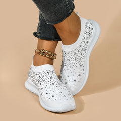 Women's Lightweight Knit Sneakers Low Top Faux Rhinestone Solid Casual Shoes