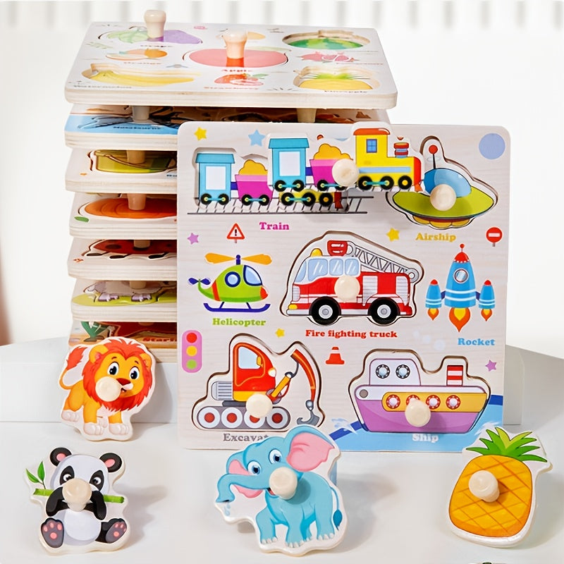 3-Pack Wooden Peg Puzzles for Toddlers - Educational Preschool Toy Set