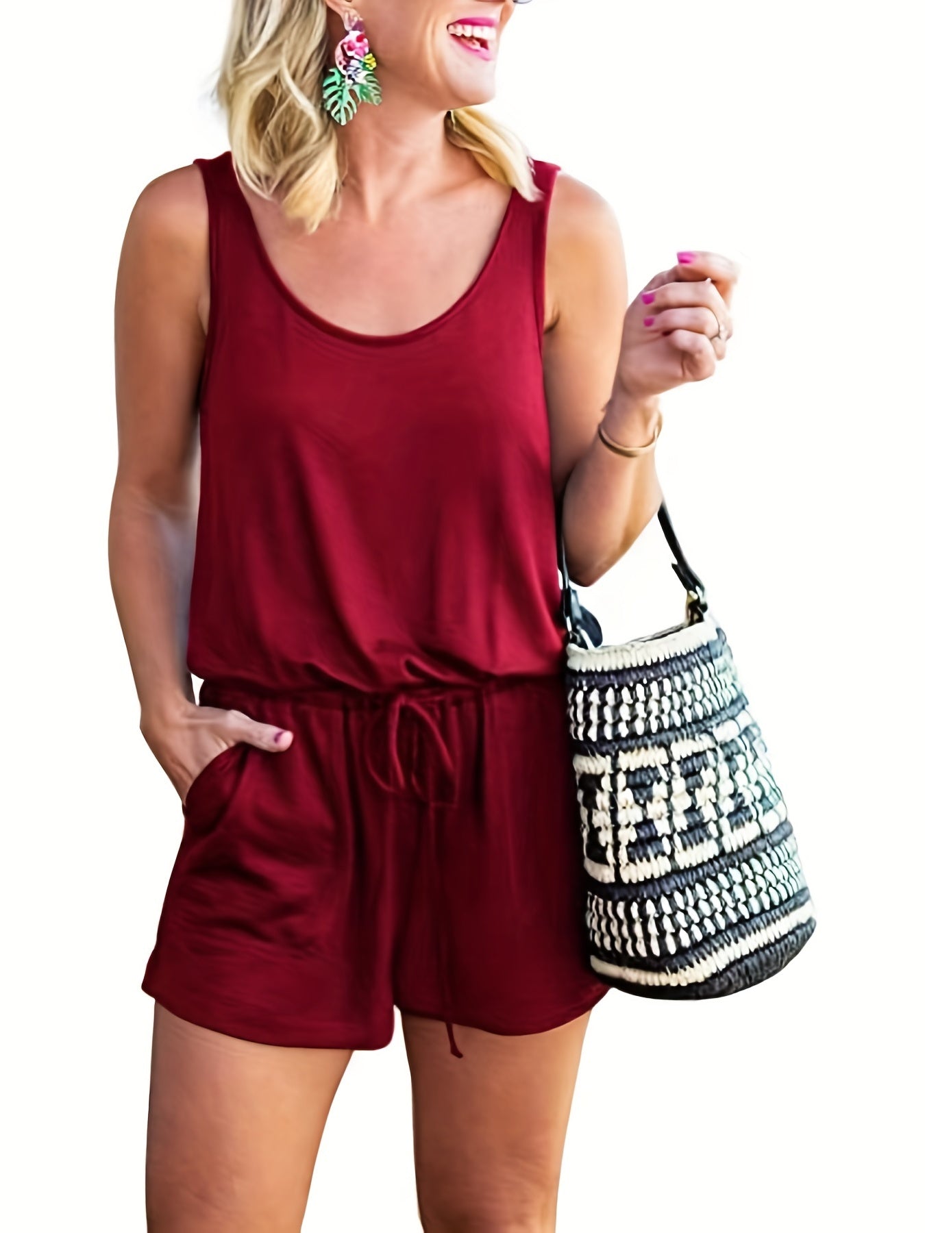 Drawstring Waist Romper Jumpsuit Sleeveless Casual Women's Clothing