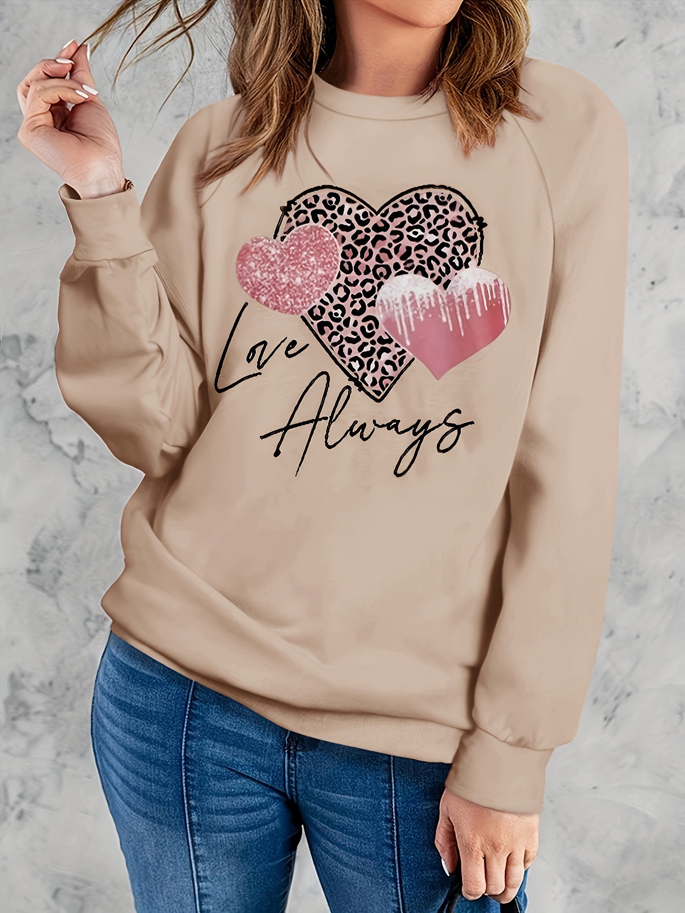 Love Always Heart Print Sweatshirt Crew Neck Long Sleeve