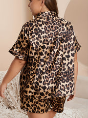 Satin Leopard Print Pajama Set, Women's Plus Loungewear Set