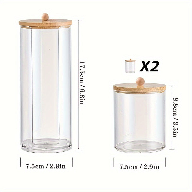 Acrylic Cotton Swab Holder Bamboo Lid Bathroom Makeup Organizers Storage Box