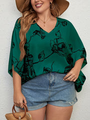Floral Print V Neck Bat Sleeve Tunic Top