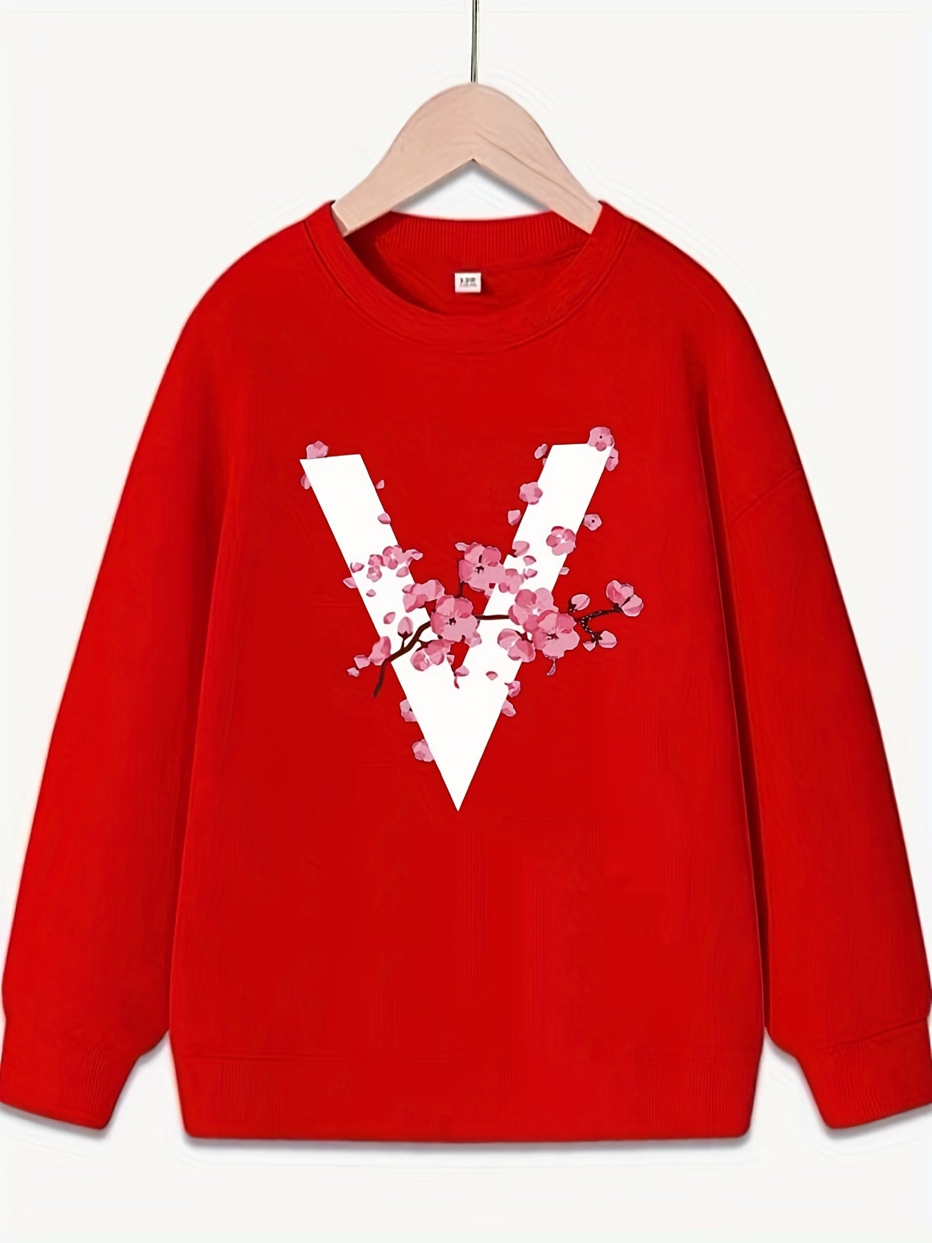 Blossoms & "V" Alphabet Pattern Sweatshirt For Girls