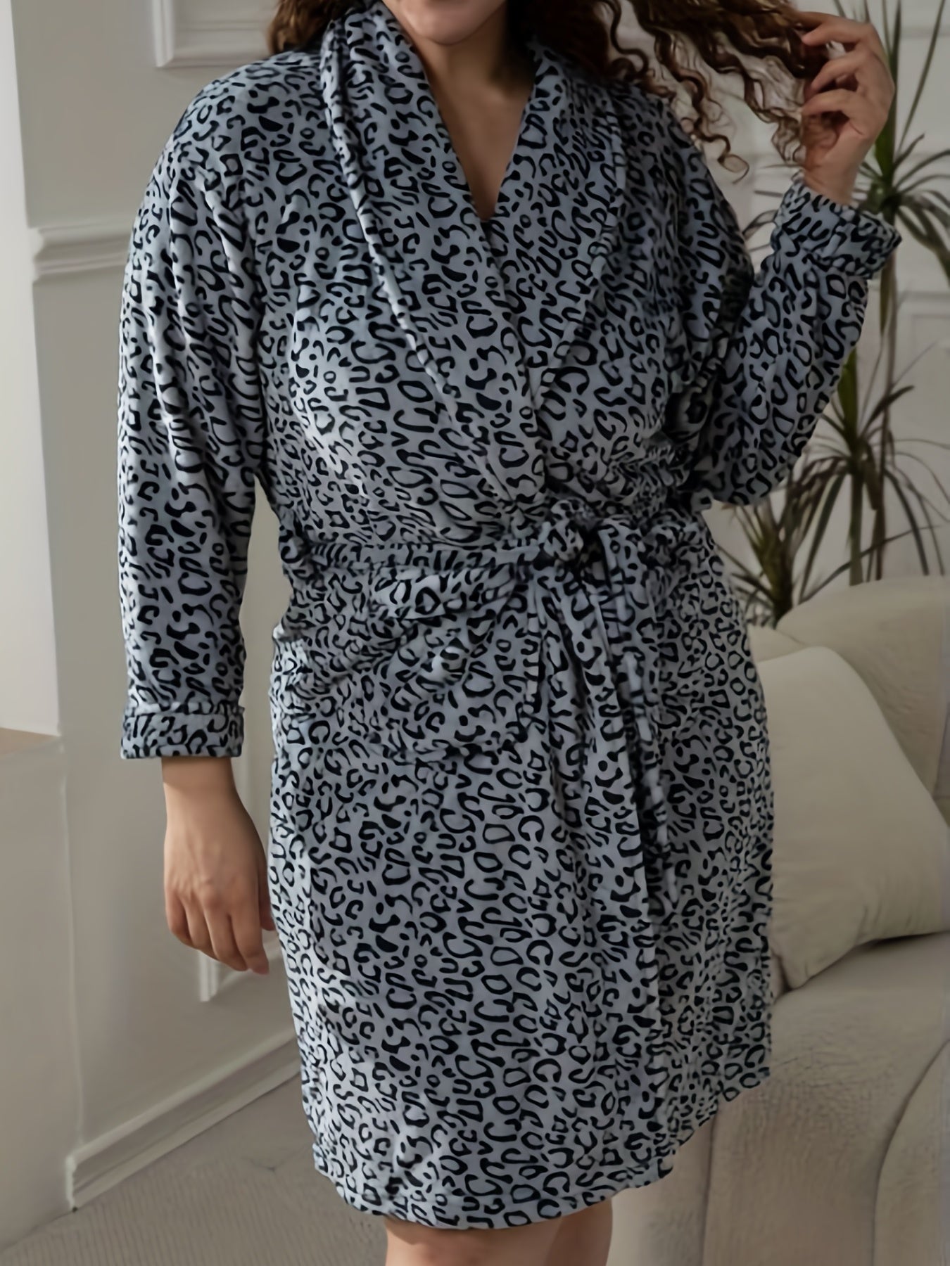 Leopard Print Flannel Robe With Pockets