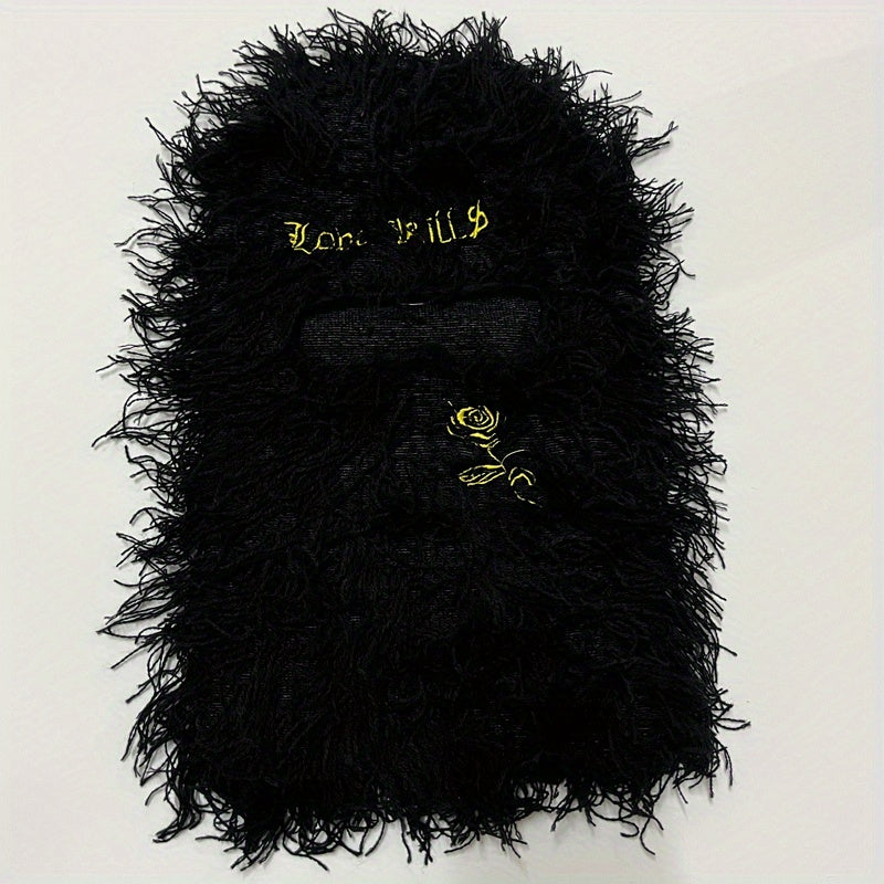 Y2K Fuzzy Balaclava Hat with Embroidered Pattern