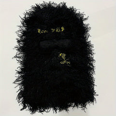 Y2K Fuzzy Balaclava Hat with Embroidered Pattern