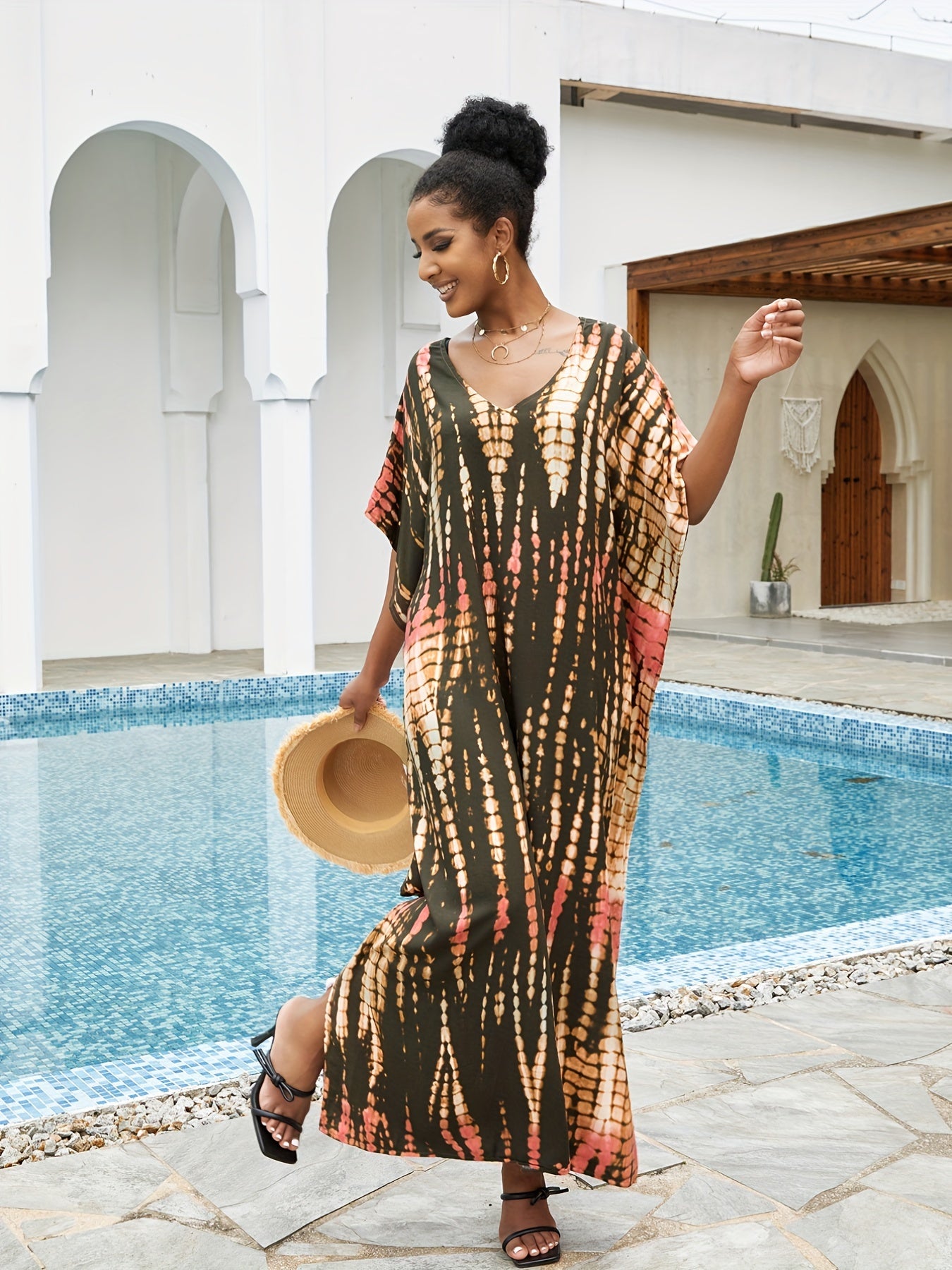 Tie Dye Striped Bat Sleeve V Neck Beach Cover Up