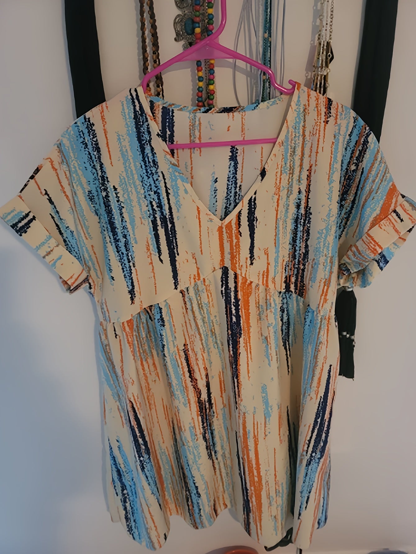 Striped Print Dress Casual V Neck Short Sleeve Dress