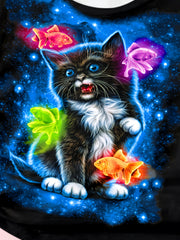 3D Kitty Print Short Sleeve T shirt Girls Comfy Pullover