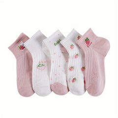5 Pairs Strawberry Print Crew Short Socks Women's Stockings