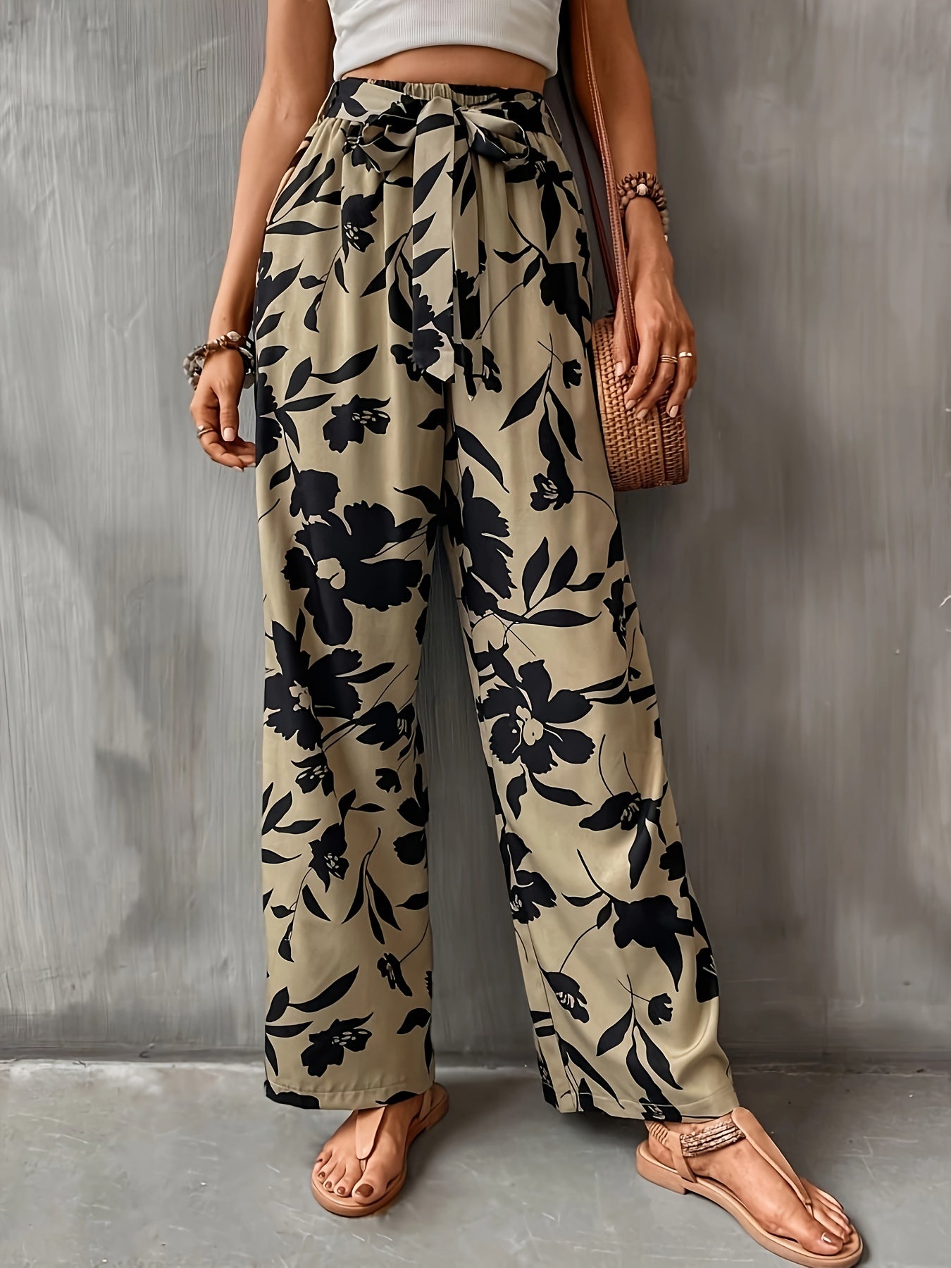 Floral Print Wide Leg Pants with Knot Detail