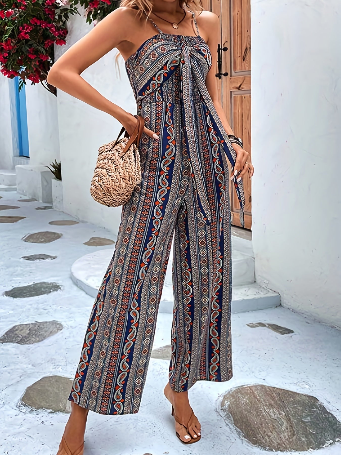 Ethnic Print Wide Leg Jumpsuit for Women