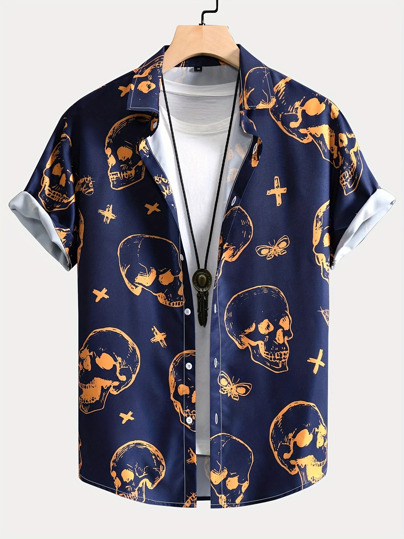 Men's Cross & Skull Print Camp Collar Bowling Shirt Short Sleeve