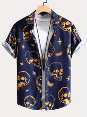 Men's Cross & Skull Print Camp Collar Bowling Shirt Short Sleeve