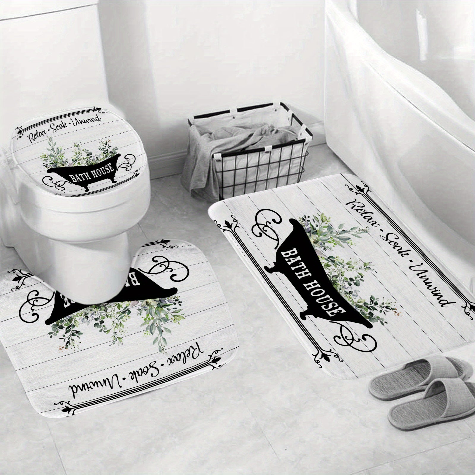 Rustic Flower Plant Bath Curtain Set - Eucalyptus Leaf Spring Theme