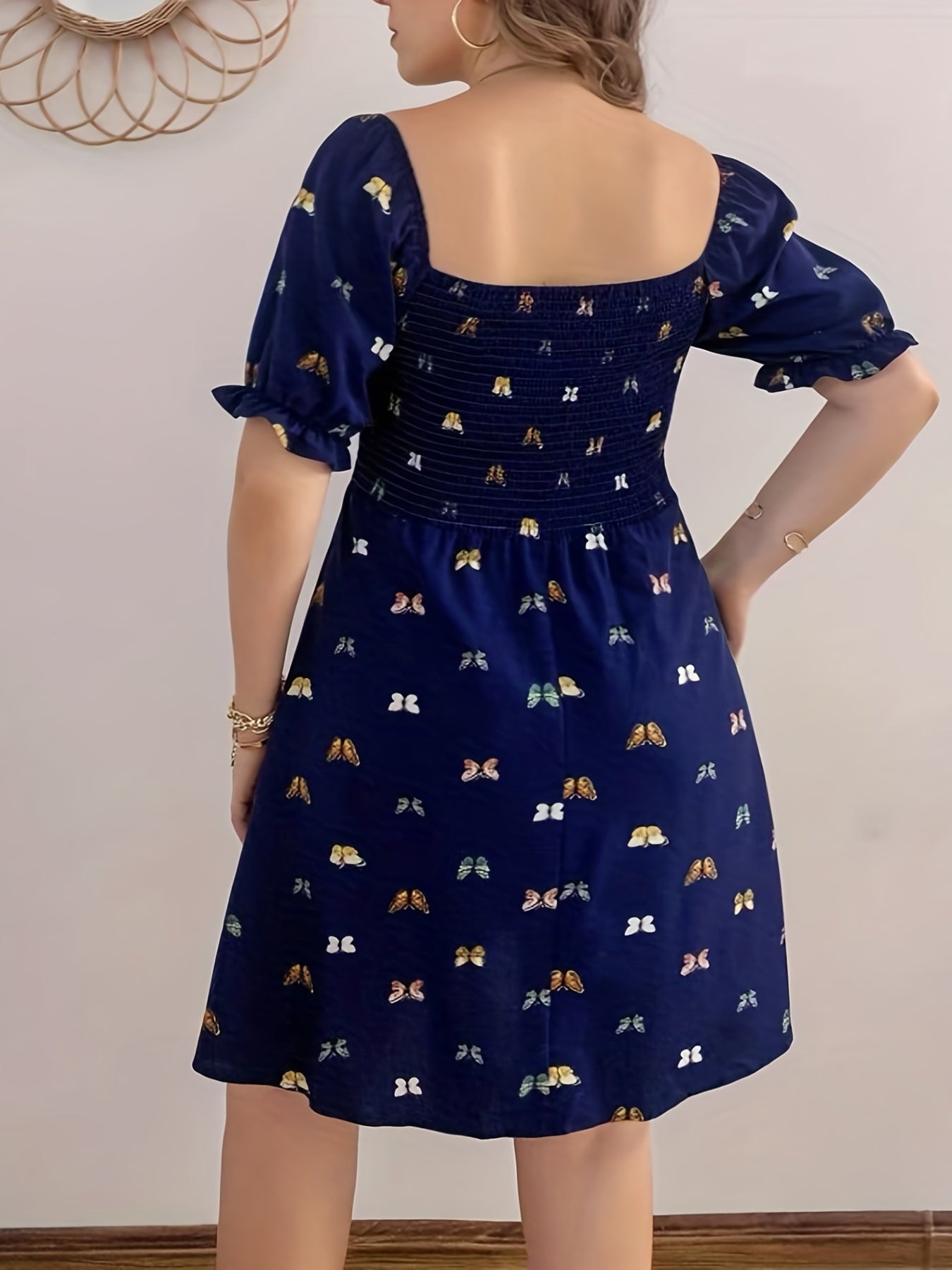 Butterfly Print Puff Sleeve Dress Square Neck Shirred