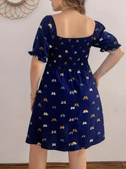 Butterfly Print Puff Sleeve Dress Square Neck Shirred
