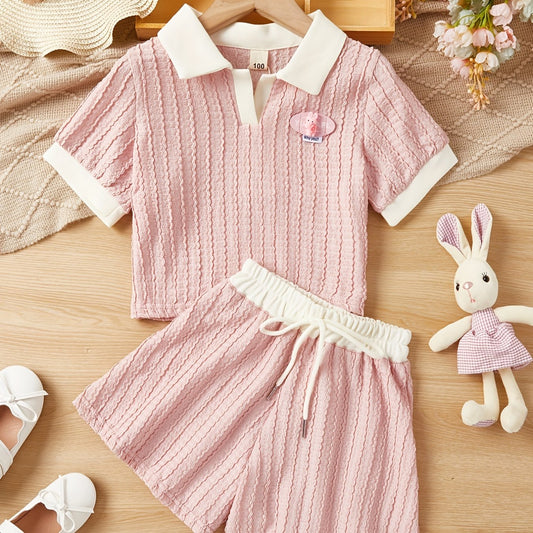 2pcs Girls Casual POLO Short Sleeve Tees Top & Shorts Summer Kids Clothes